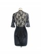 Deep V Neckline Lace-Up Hip Stitched Frilly Rose Mesh Black Gothic Velvet Dress