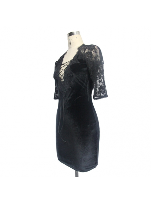 Deep V Neckline Lace-Up Hip Stitched Frilly Rose Mesh Black Gothic Velvet Dress