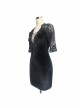 Deep V Neckline Lace-Up Hip Stitched Frilly Rose Mesh Black Gothic Velvet Dress