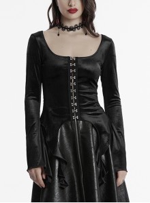 Elegant Black Velvet Sexy Square Collar Exquisite Metal Button Design Personality Hem Shape Gothic Style T Shirt