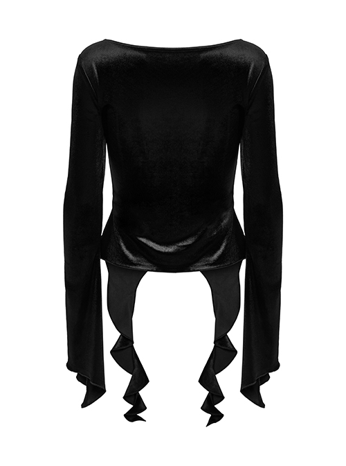 Elegant Black Velvet Sexy Square Collar Exquisite Metal Button Design Personality Hem Shape Gothic Style T Shirt