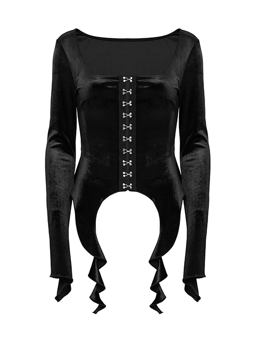 Elegant Black Velvet Sexy Square Collar Exquisite Metal Button Design Personality Hem Shape Gothic Style T Shirt