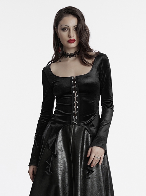 Elegant Black Velvet Sexy Square Collar Exquisite Metal Button Design Personality Hem Shape Gothic Style T Shirt