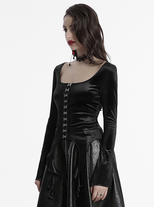 Elegant Black Velvet Sexy Square Collar Exquisite Metal Button Design Personality Hem Shape Gothic Style T Shirt