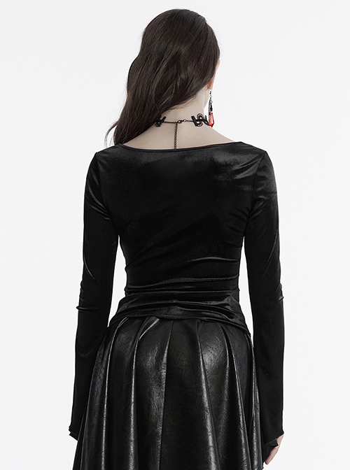 Elegant Black Velvet Sexy Square Collar Exquisite Metal Button Design Personality Hem Shape Gothic Style T Shirt