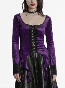 Luxurious Purple Velvet Elegant Square Collar Exquisite Metal Button Design Unique Hem Shape Gothic Style T Shirt