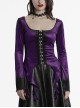 Luxurious Purple Velvet Elegant Square Collar Exquisite Metal Button Design Unique Hem Shape Gothic Style T Shirt
