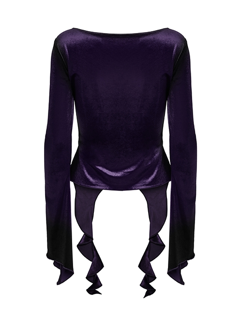 Luxurious Purple Velvet Elegant Square Collar Exquisite Metal Button Design Unique Hem Shape Gothic Style T Shirt