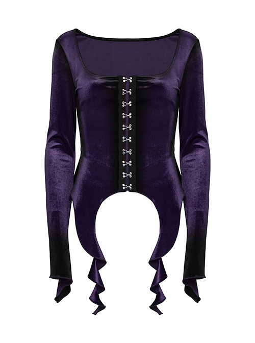 Luxurious Purple Velvet Elegant Square Collar Exquisite Metal Button Design Unique Hem Shape Gothic Style T Shirt