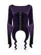 Luxurious Purple Velvet Elegant Square Collar Exquisite Metal Button Design Unique Hem Shape Gothic Style T Shirt