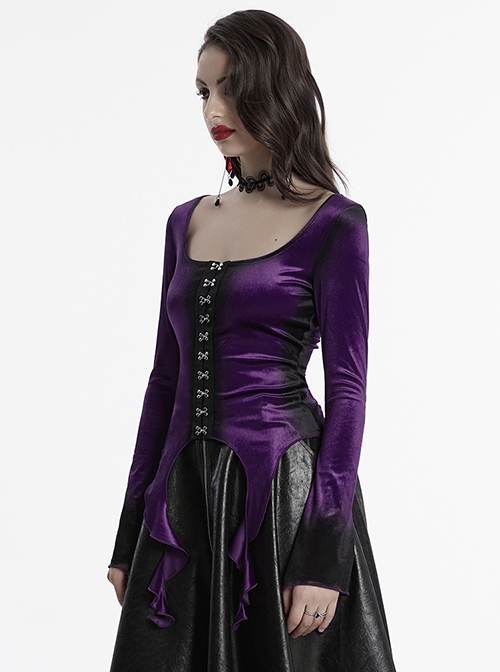 Luxurious Purple Velvet Elegant Square Collar Exquisite Metal Button Design Unique Hem Shape Gothic Style T Shirt