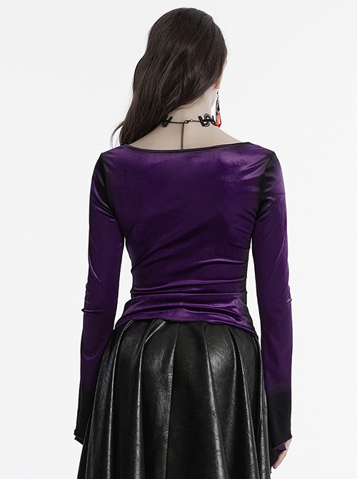 Luxurious Purple Velvet Elegant Square Collar Exquisite Metal Button Design Unique Hem Shape Gothic Style T Shirt