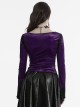 Luxurious Purple Velvet Elegant Square Collar Exquisite Metal Button Design Unique Hem Shape Gothic Style T Shirt