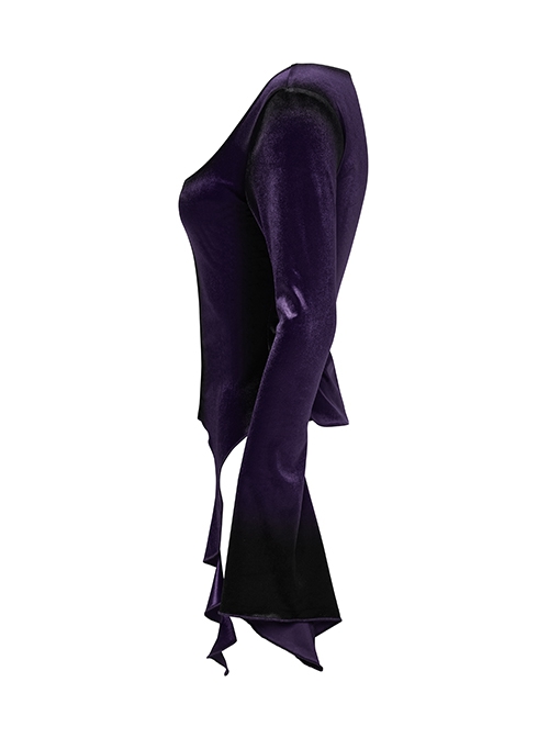 Luxurious Purple Velvet Elegant Square Collar Exquisite Metal Button Design Unique Hem Shape Gothic Style T Shirt