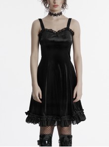 Sexy Elegant Black Velvet Delicate Lace Ruffles Decoration Waist Drawstring Gothic Style Suspender Dress