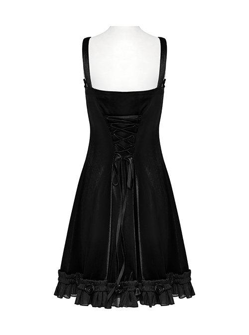 Sexy Elegant Black Velvet Delicate Lace Ruffles Decoration Waist Drawstring Gothic Style Suspender Dress
