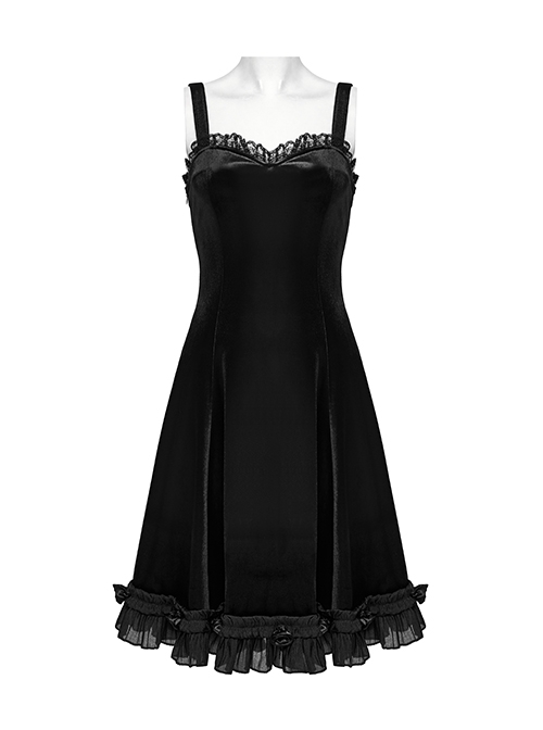 Sexy Elegant Black Velvet Delicate Lace Ruffles Decoration Waist Drawstring Gothic Style Suspender Dress