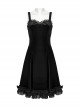 Sexy Elegant Black Velvet Delicate Lace Ruffles Decoration Waist Drawstring Gothic Style Suspender Dress