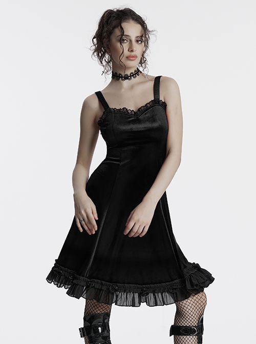 Sexy Elegant Black Velvet Delicate Lace Ruffles Decoration Waist Drawstring Gothic Style Suspender Dress