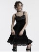 Sexy Elegant Black Velvet Delicate Lace Ruffles Decoration Waist Drawstring Gothic Style Suspender Dress