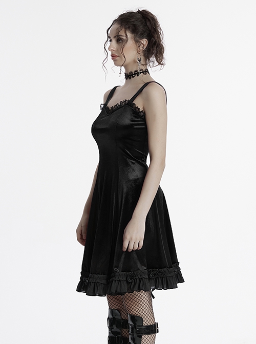 Sexy Elegant Black Velvet Delicate Lace Ruffles Decoration Waist Drawstring Gothic Style Suspender Dress