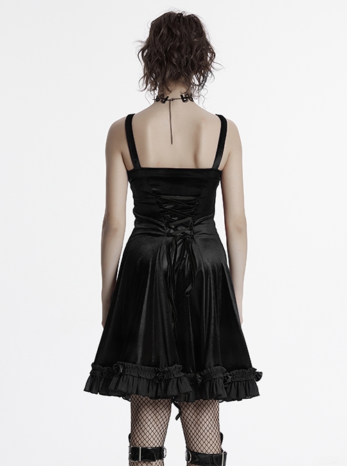 Sexy Elegant Black Velvet Delicate Lace Ruffles Decoration Waist Drawstring Gothic Style Suspender Dress