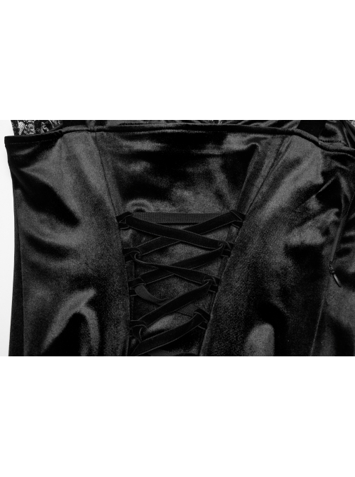 Sexy Elegant Black Velvet Delicate Lace Ruffles Decoration Waist Drawstring Gothic Style Suspender Dress