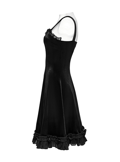 Sexy Elegant Black Velvet Delicate Lace Ruffles Decoration Waist Drawstring Gothic Style Suspender Dress