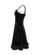 Sexy Elegant Black Velvet Delicate Lace Ruffles Decoration Waist Drawstring Gothic Style Suspender Dress