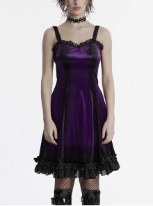 Elegant Purple Soft Luxury Velvet Exquisite Lace Hem Ruffle Sexy Gothic Style Suspender Dress