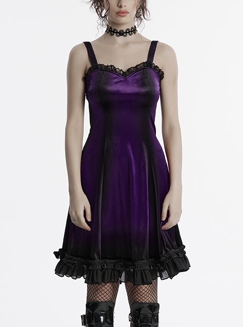 Elegant Purple Soft Luxury Velvet Exquisite Lace Hem Ruffle Sexy Gothic Style Suspender Dress