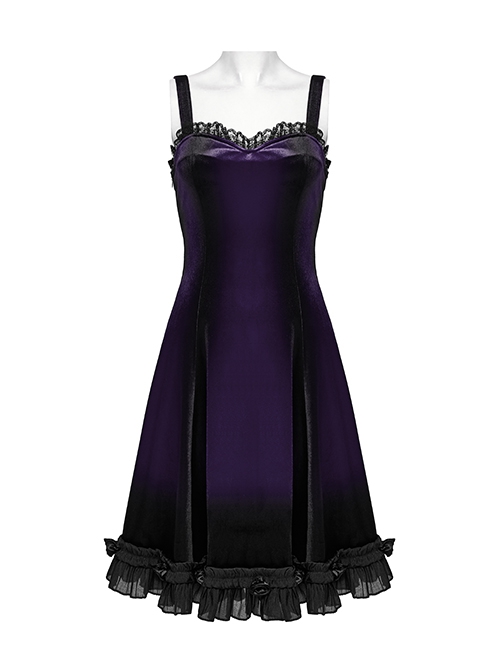 Elegant Purple Soft Luxury Velvet Exquisite Lace Hem Ruffle Sexy Gothic Style Suspender Dress