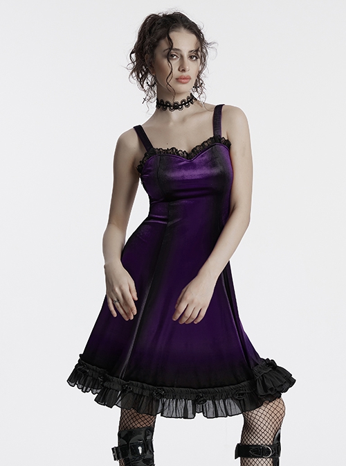 Elegant Purple Soft Luxury Velvet Exquisite Lace Hem Ruffle Sexy Gothic Style Suspender Dress