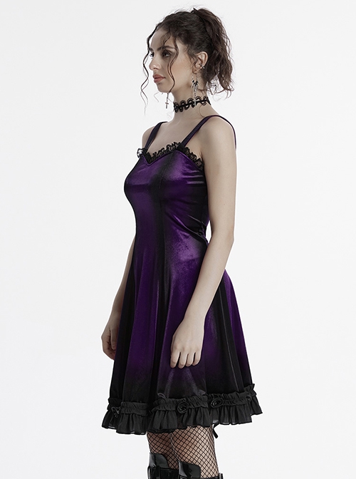Elegant Purple Soft Luxury Velvet Exquisite Lace Hem Ruffle Sexy Gothic Style Suspender Dress