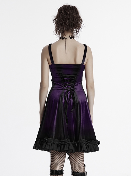 Elegant Purple Soft Luxury Velvet Exquisite Lace Hem Ruffle Sexy Gothic Style Suspender Dress