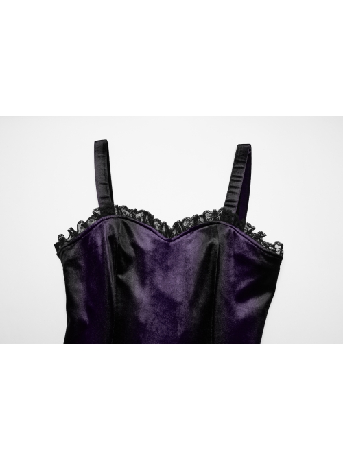 Elegant Purple Soft Luxury Velvet Exquisite Lace Hem Ruffle Sexy Gothic Style Suspender Dress