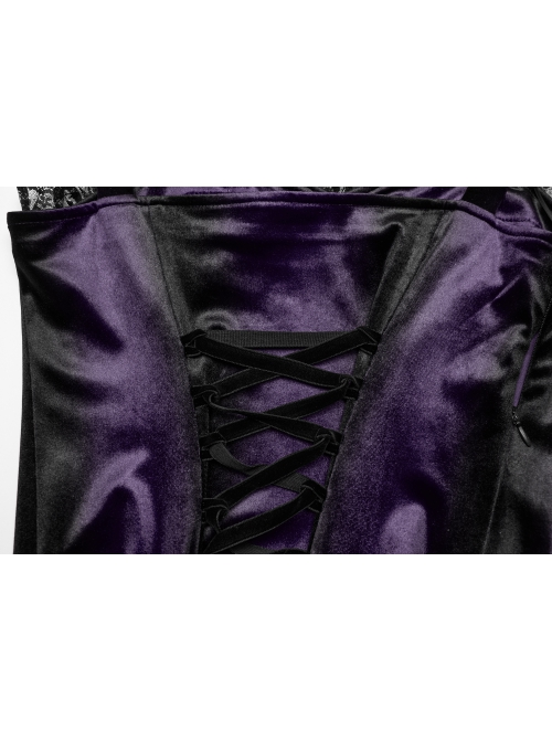 Elegant Purple Soft Luxury Velvet Exquisite Lace Hem Ruffle Sexy Gothic Style Suspender Dress
