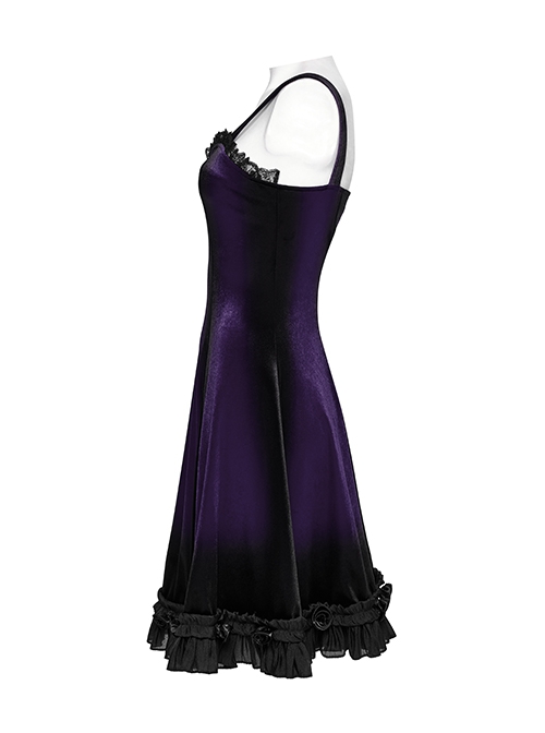 Elegant Purple Soft Luxury Velvet Exquisite Lace Hem Ruffle Sexy Gothic Style Suspender Dress
