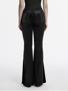 Unique Elegant Black Velvet Gradient Print Patchwork Design Sexy Waist Straps Pleated Gothic Flared Pants