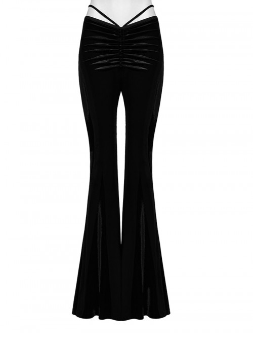 Unique Elegant Black Velvet Gradient Print Patchwork Design Sexy Waist Straps Pleated Gothic Flared Pants