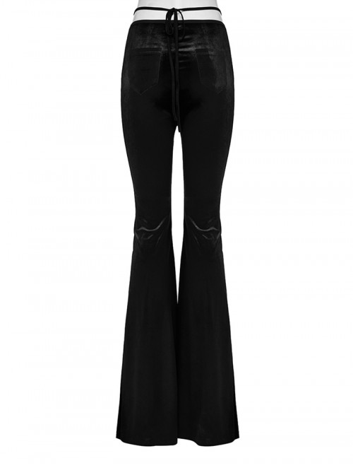 Unique Elegant Black Velvet Gradient Print Patchwork Design Sexy Waist Straps Pleated Gothic Flared Pants