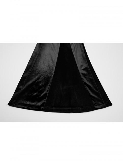 Unique Elegant Black Velvet Gradient Print Patchwork Design Sexy Waist Straps Pleated Gothic Flared Pants