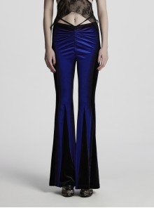 Elegant Blue Gradient Stitching Sexy Waist Straps Pleated Design Gothic Slim Flared Pants