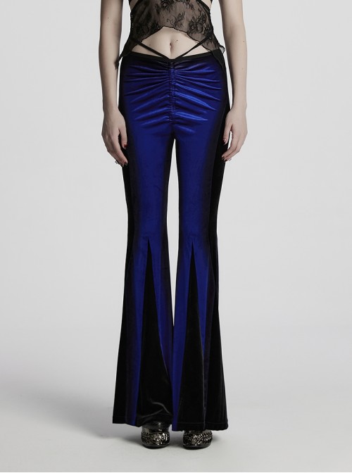 Elegant Blue Gradient Stitching Sexy Waist Straps Pleated Design Gothic Slim Flared Pants