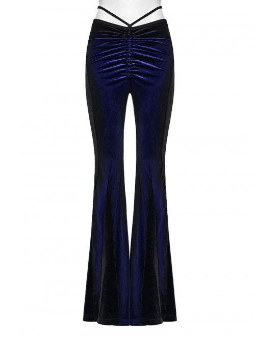 Elegant Blue Gradient Stitching Sexy Waist Straps Pleated Design Gothic Slim Flared Pants