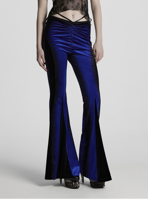 Elegant Blue Gradient Stitching Sexy Waist Straps Pleated Design Gothic Slim Flared Pants