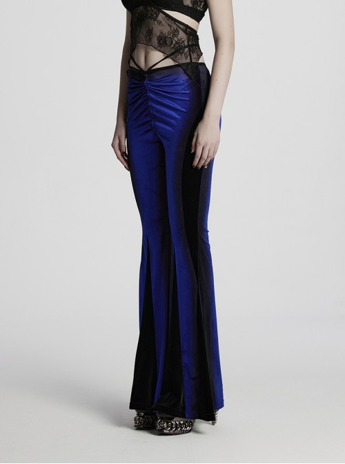 Elegant Blue Gradient Stitching Sexy Waist Straps Pleated Design Gothic Slim Flared Pants