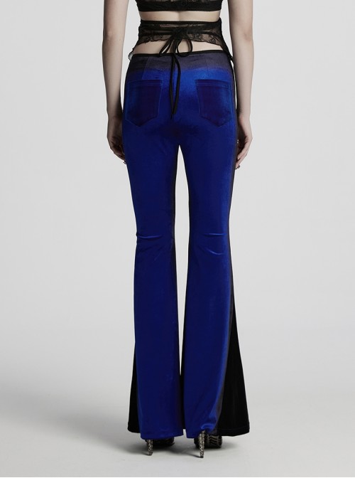 Elegant Blue Gradient Stitching Sexy Waist Straps Pleated Design Gothic Slim Flared Pants
