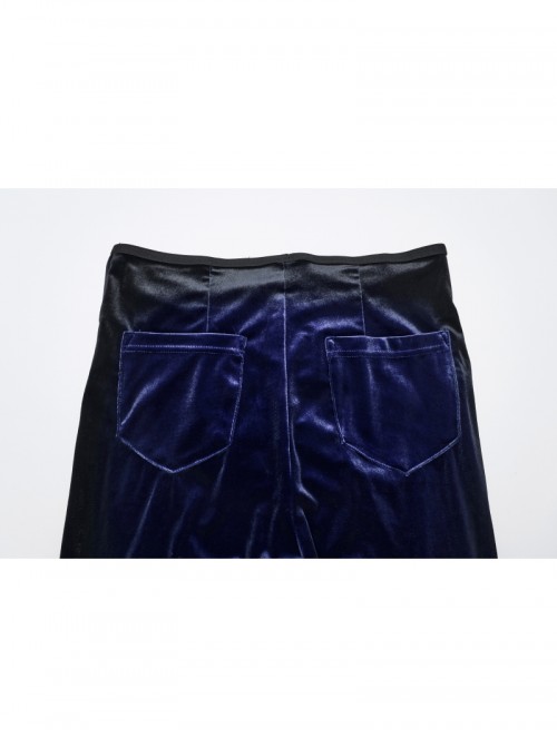 Elegant Blue Gradient Stitching Sexy Waist Straps Pleated Design Gothic Slim Flared Pants