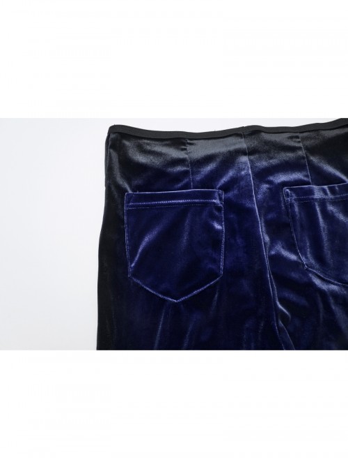 Elegant Blue Gradient Stitching Sexy Waist Straps Pleated Design Gothic Slim Flared Pants